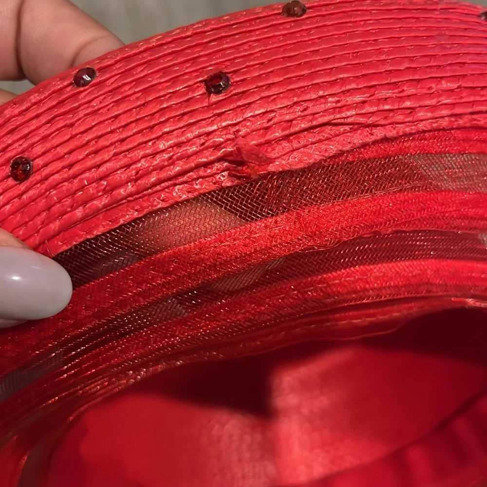 Red Straw brim hat with rhinestones.